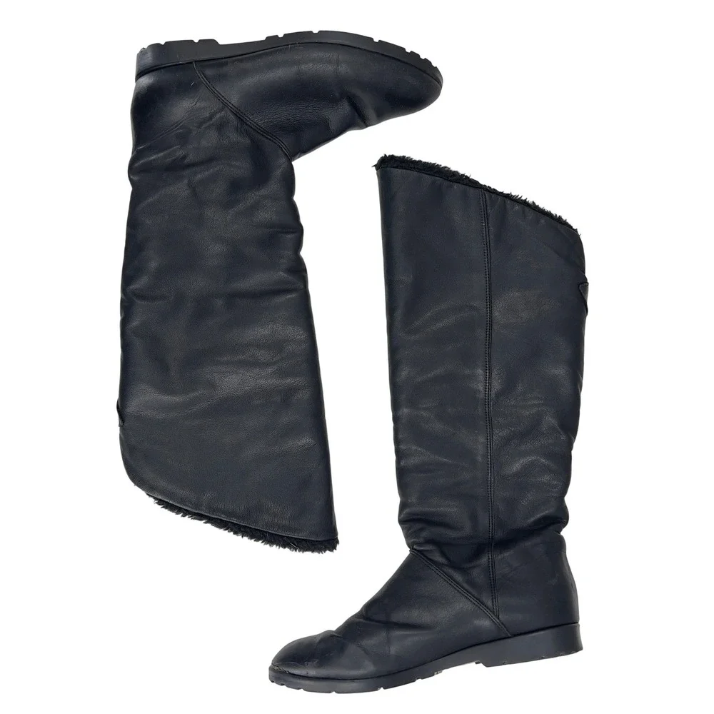 Vintage Cougar Black Leather Knee High Winter Boots Fur Lined Size 9.5 Cozy Chic